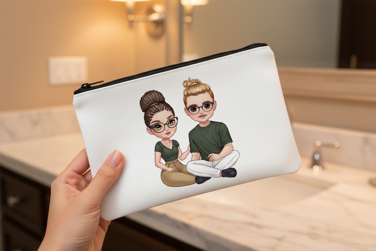 Personalisierte Kosmetiktasche mit Pärchen-Motiv und Brillen