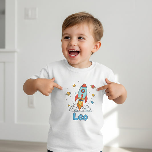Personalisierbares Kinder T-Shirt aus weißer Baumwolle mit Wunschtext oder Motiv
