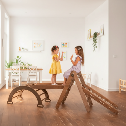 4in1 Montessori Klettergerüst Set mit Kletterdreieck, Rutsche, Kletterbogen und Kletternetz für Kinder 1-7 Jahre Bild 