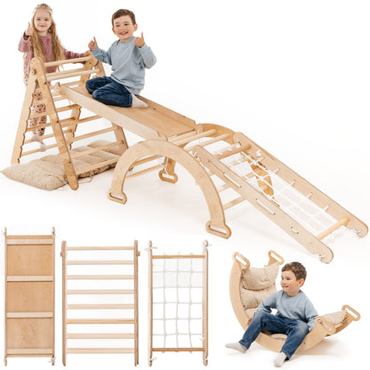 5in1 Montessori Klettergerüst Set: Kletterdreieck mit Rutsche, Kletterbogen, Kletternetz und Kissen, für Kinder 1-7 Jahre – Beige
