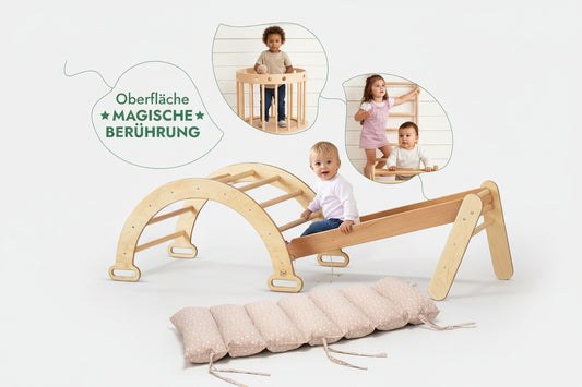 5in1 Montessori Klettergerüst Set mit Kletterdreieck, Rutsche, Kletterbogen, Kletternetz und Kissen in Beige für Kinder 1-7 Jahre