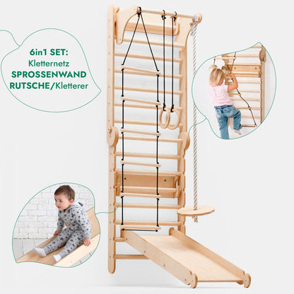 6in1 Kletterwand Indoor: Sprossenwand, Gymnastikringe, Hängende Leiter, Disc-Schaukel, Rutsche und Klimmzugstange für Kinder