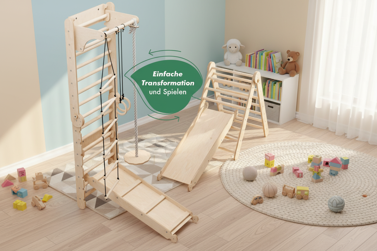 6in1 Indoor Kletterwand für Kinder mit Sprossenwand, Gymnastikringe, Leiter, Disc-Schaukel, Rutsche und Klimmzugstange