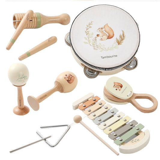 Holz Musikinstrument-Set Eichhörnchen 7-in-1 – CE-zertifiziert, Montessori ab 12 Monaten

