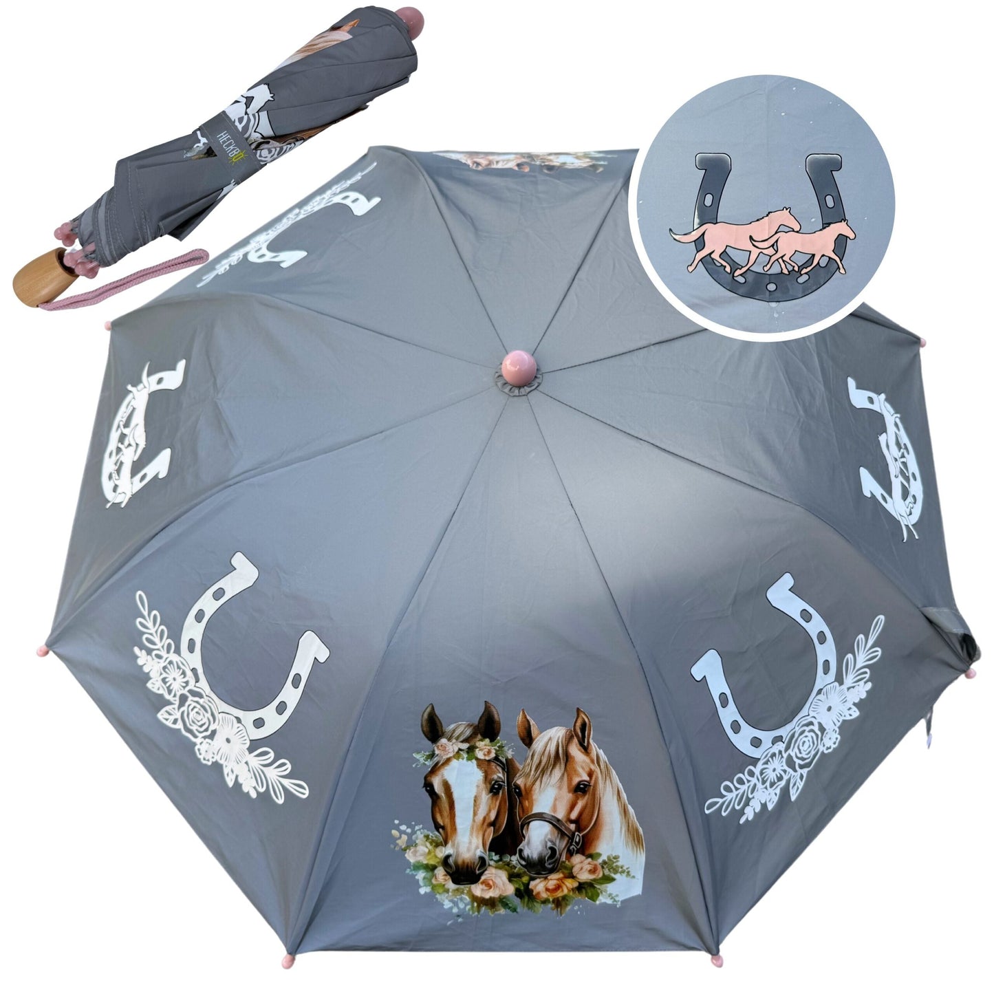 Kinder Regenschirm Pferd mit Reflektor – Magic Sicherheitsschirm Kinder Regenschirm mit Pferd-Motiv und Reflektor, Magic Sicherheitsschirm