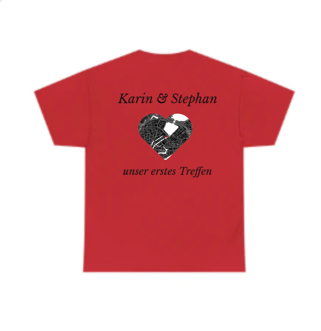 Personalisiertes rotes T-Shirt mit individuellen Koordinaten auf der Rückseite – Baumwolle Rundhalsausschnitt