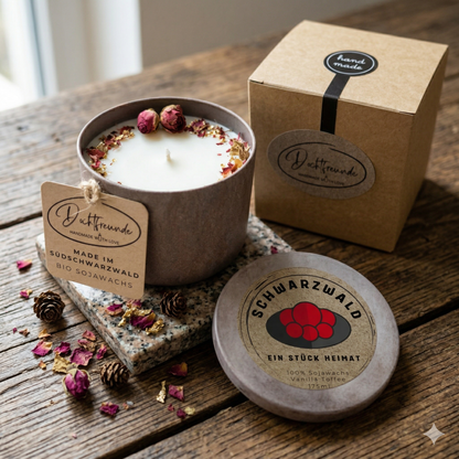 Personalisierte Duftkerze Stadt-Design Skyline – Sojawachs Schwarzwald – Geschenk Einweihung Geburtstag

