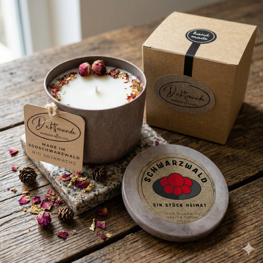Personalisierte Duftkerze Stadt-Design Skyline – Sojawachs Schwarzwald – Geschenk Einweihung Geburtstag

