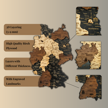 3D Holzkarte Deutschland Midnight Oak Brown – handgefertigtes Wandbild


