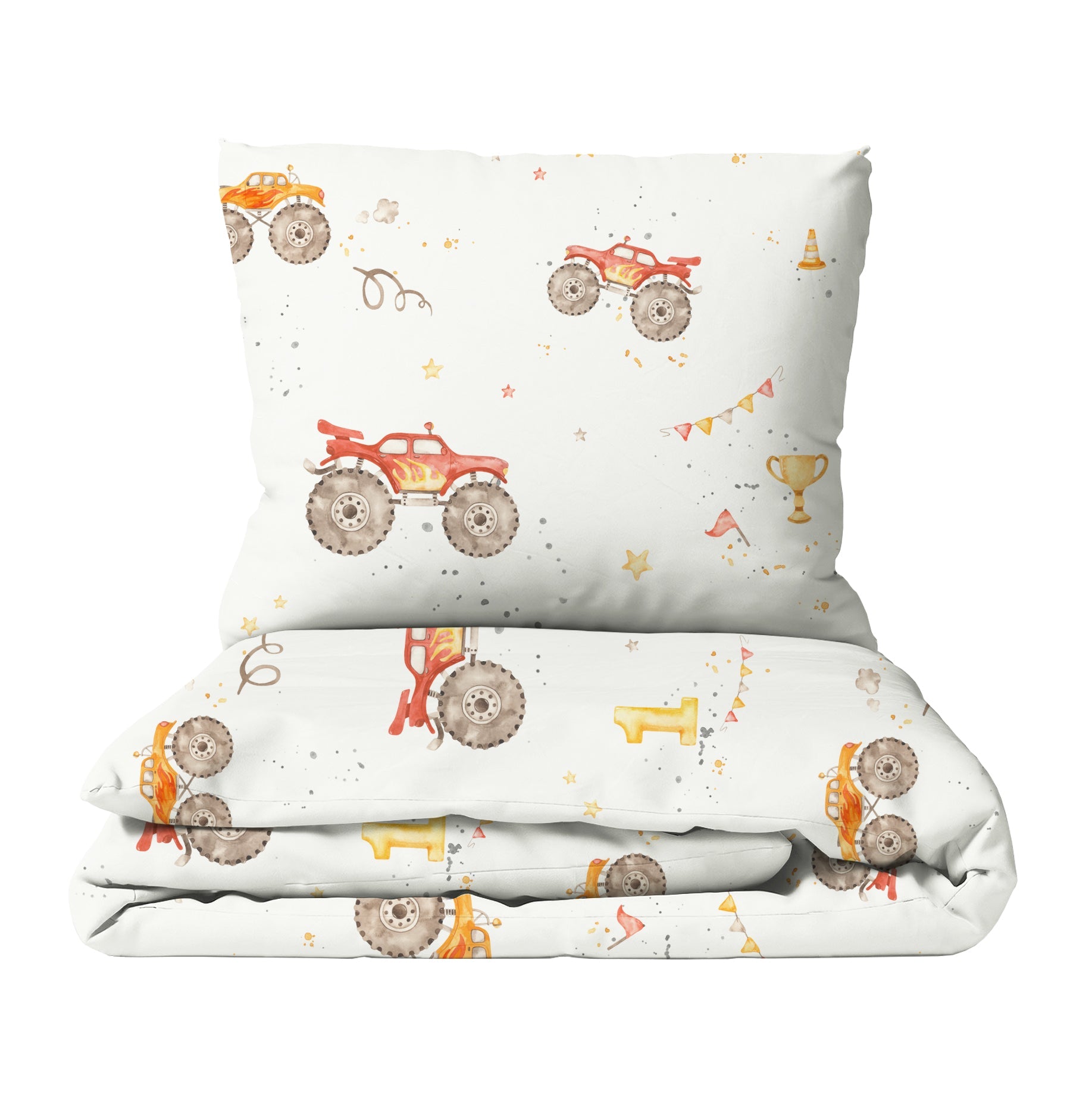 Kinderbettwäsche Monstertrucks handgemalt – OEKO-TEX zertifiziert, Musselin & Satin

