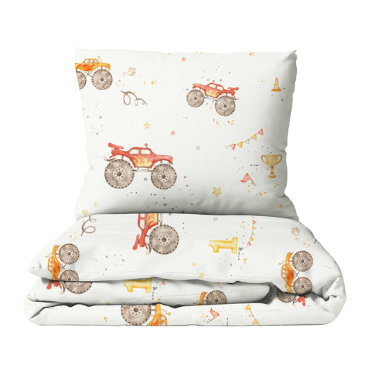 Kinderbettwäsche Monstertrucks handgemalt – OEKO-TEX zertifiziert, Musselin & Satin

