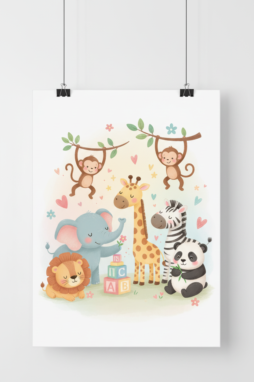 Weißes minimalistisches Wandbild - perfekt für Kinderzimmer Zoo glücklich