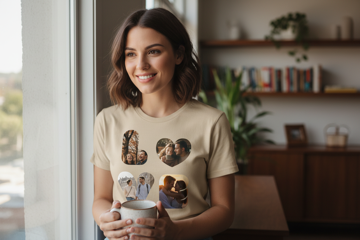 Braunhaarige Frau trägt Love Lounge Shirt mit LOVE Herzmotiv