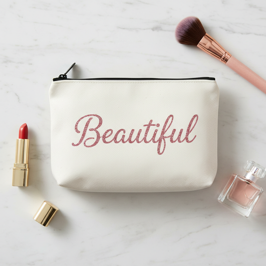 Canvas-Kosmetiktasche mit Beautiful in rosa Glitzer - Flache Frontansicht Lifestyle