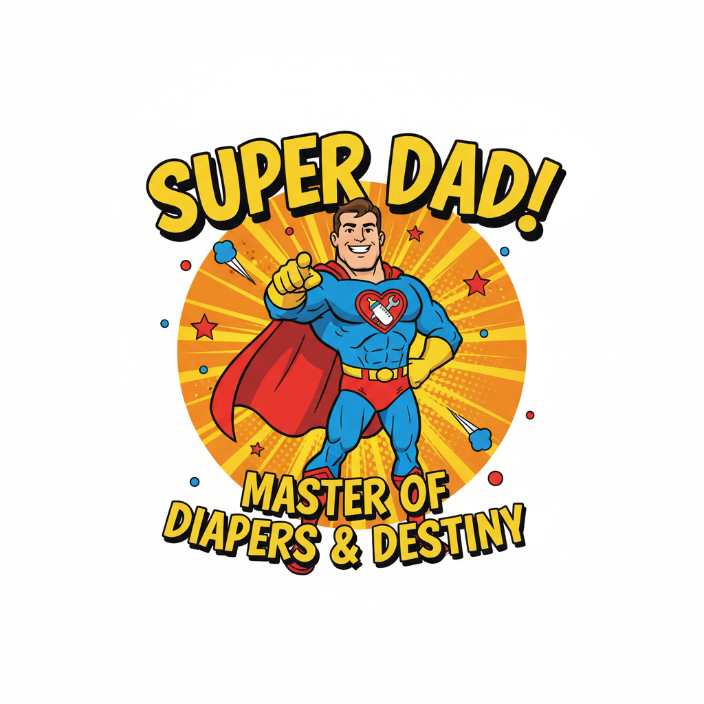 cool dad t-shirt design, superhero dad, cartoon style, funny text, bright colors, vector art, portrait illustration, centered layout, comic style, family friendly