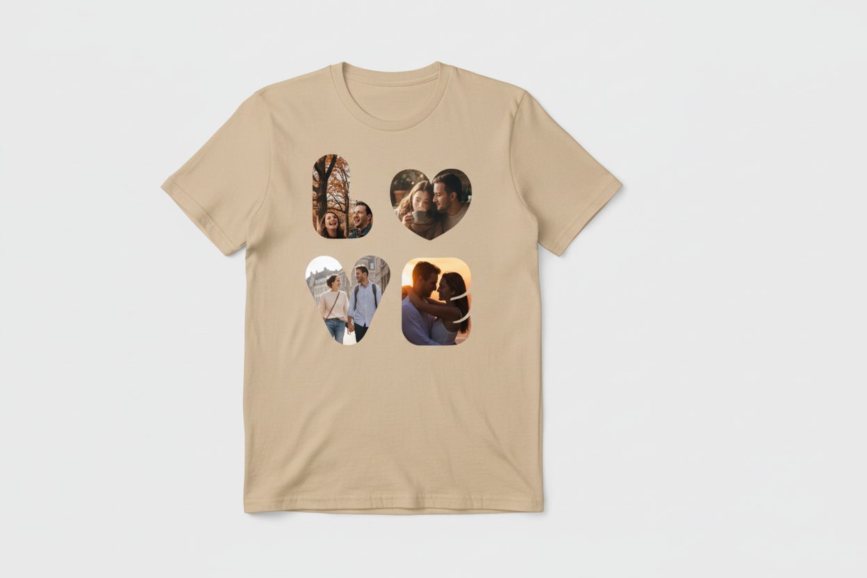 Love Lounge Shirt beige mit LOVE Herzmotiv und Paarfotos
