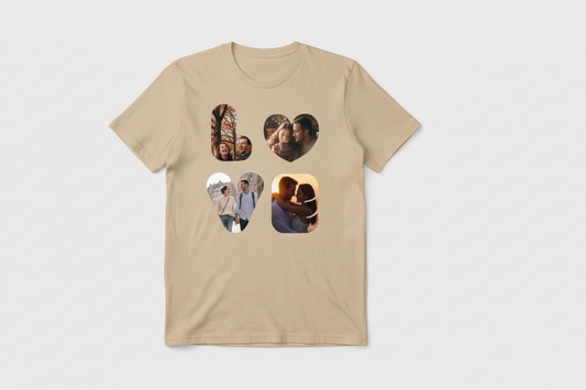 Love Lounge Shirt beige mit LOVE Herzmotiv und Paarfotos
