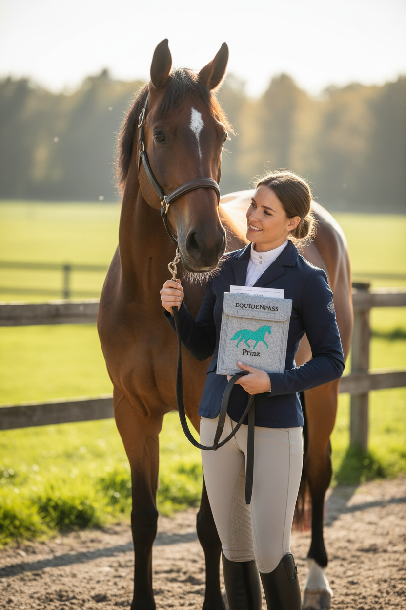 Frau mit Pferd und personalisierter Equidenpass-Tasche