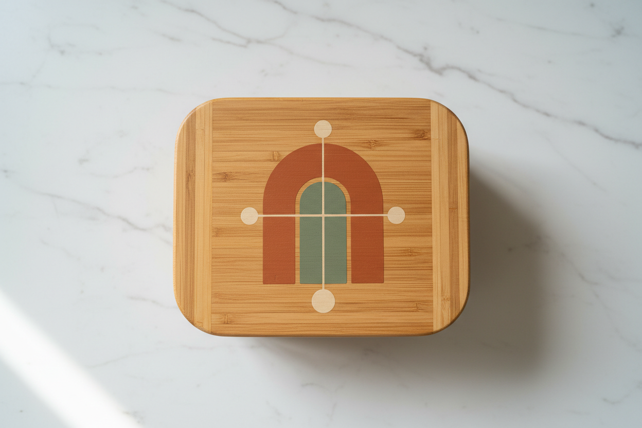 Geometrisches Design auf Holzdeckel Brotdose Lunchbox