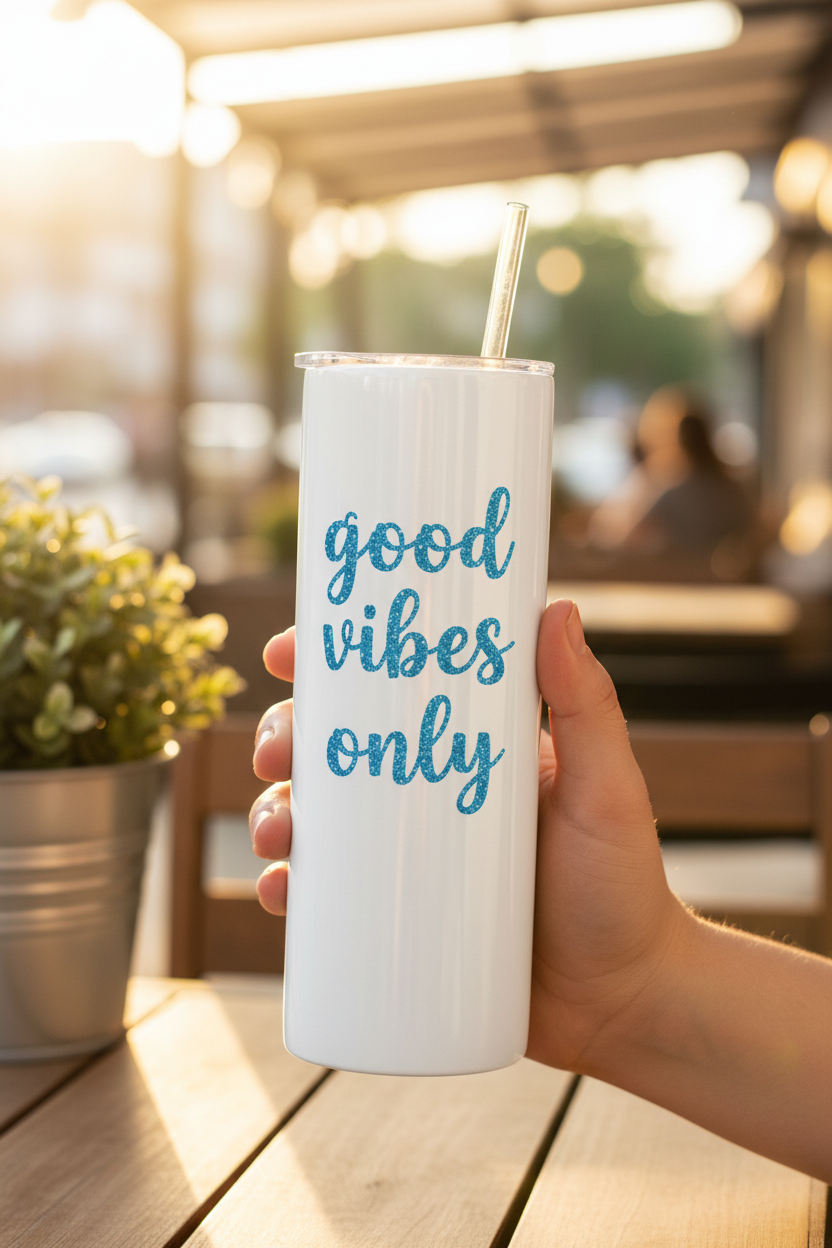 Good Vibes Only Flasche mit Glitzer-Text in der Hand