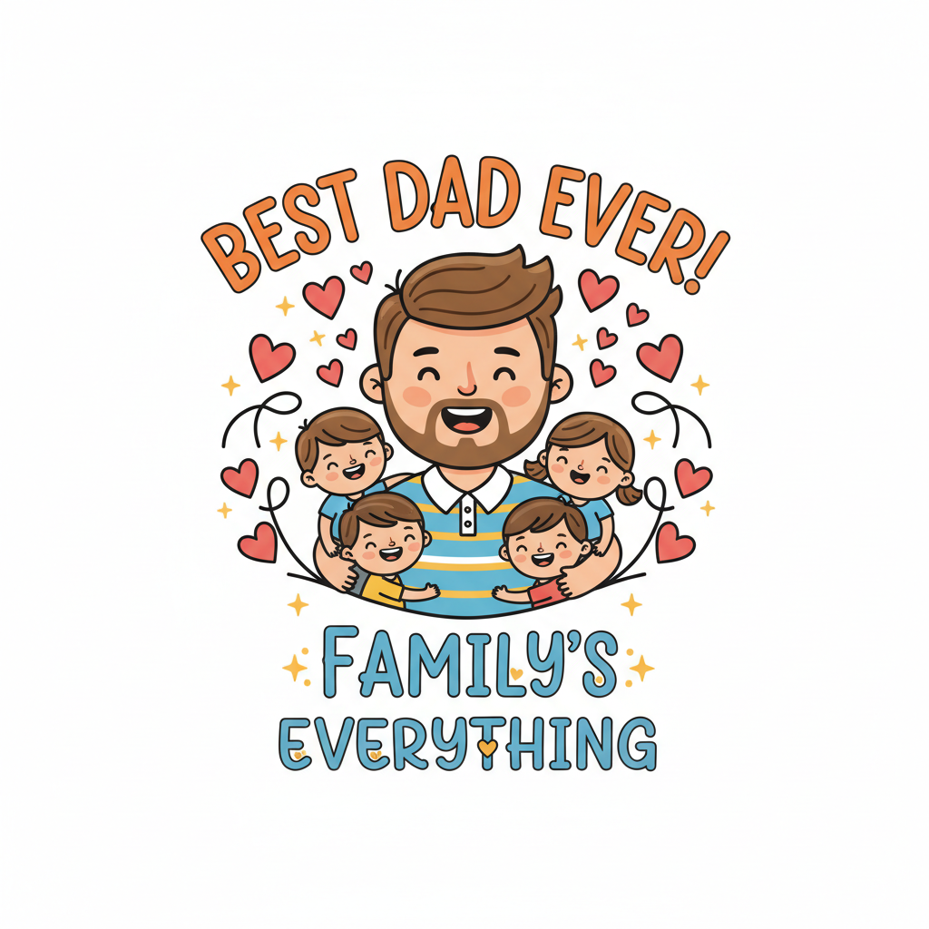 heartwarming dad t-shirt design, cute cartoon dad, family love theme, bold text, vector illustration, cheerful colors, flat design, centered composition