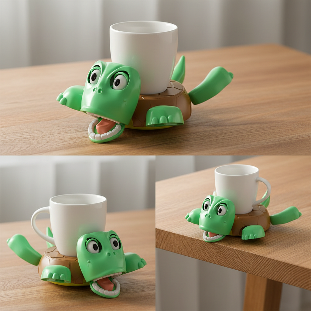 3D Schildkröten-Untersetzer auf Holztisch mit weißer Keramiktasse - Witziger Tassenhalter mit beweglichen Armen