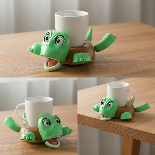 3D Schildkröten-Untersetzer auf Holztisch mit weißer Keramiktasse - Witziger Tassenhalter mit beweglichen Armen