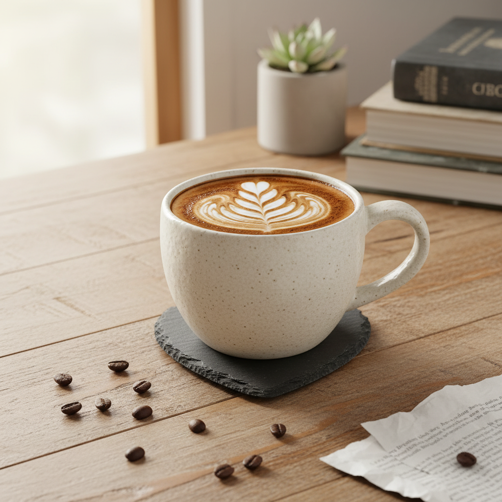 Schieferherz-Untersetzer auf Holztisch mit Kaffeetasse - Lifestyle-Ansicht