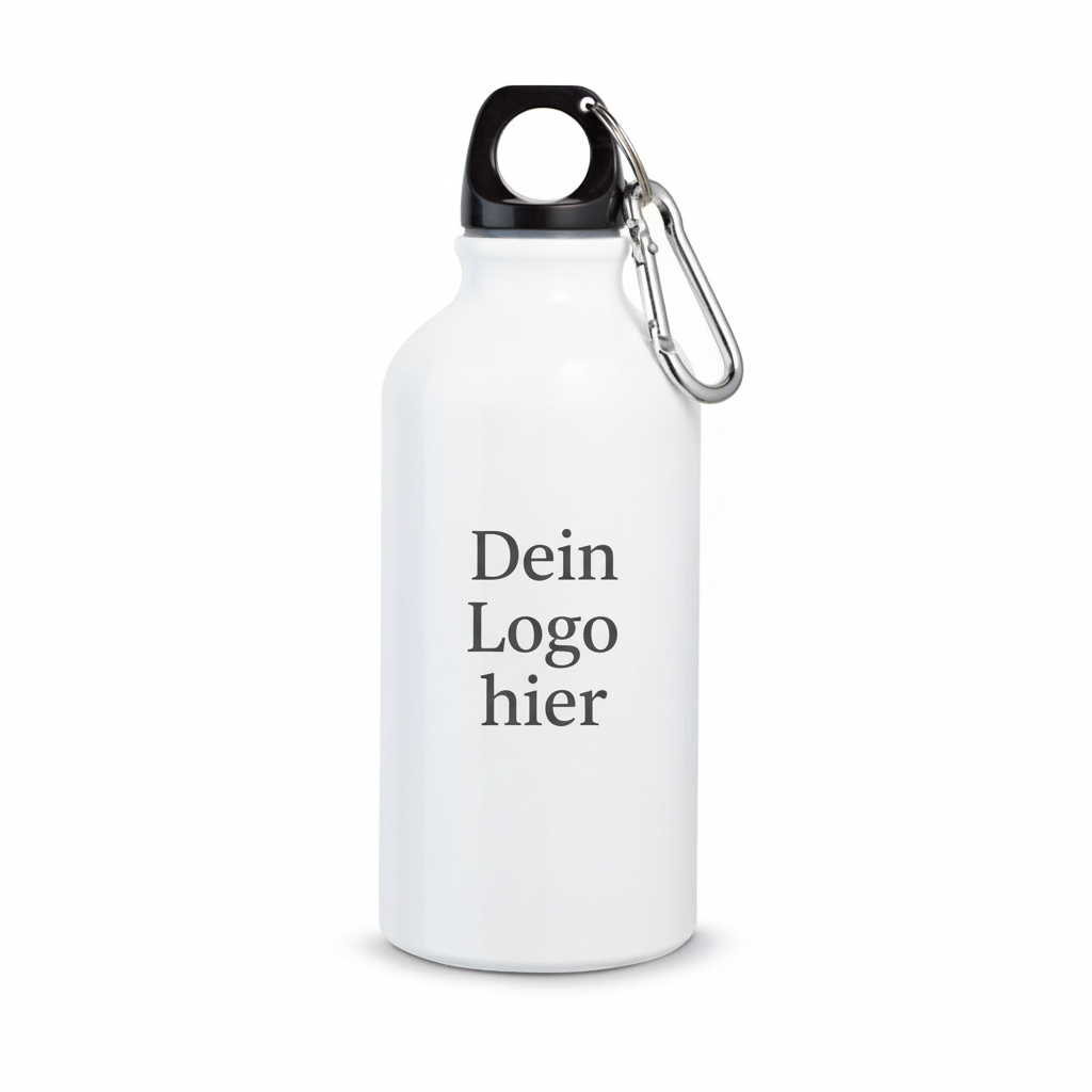 Personalisierbare weiße Aluminium-Trinkflasche 400ml mit Karabiner - Dein Logo hier - individuell bedruckbar