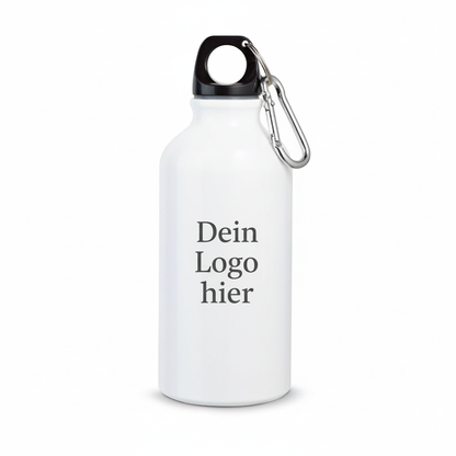 Personalisierbare weiße Aluminium-Trinkflasche 400ml mit Karabiner - Dein Logo hier - individuell bedruckbar