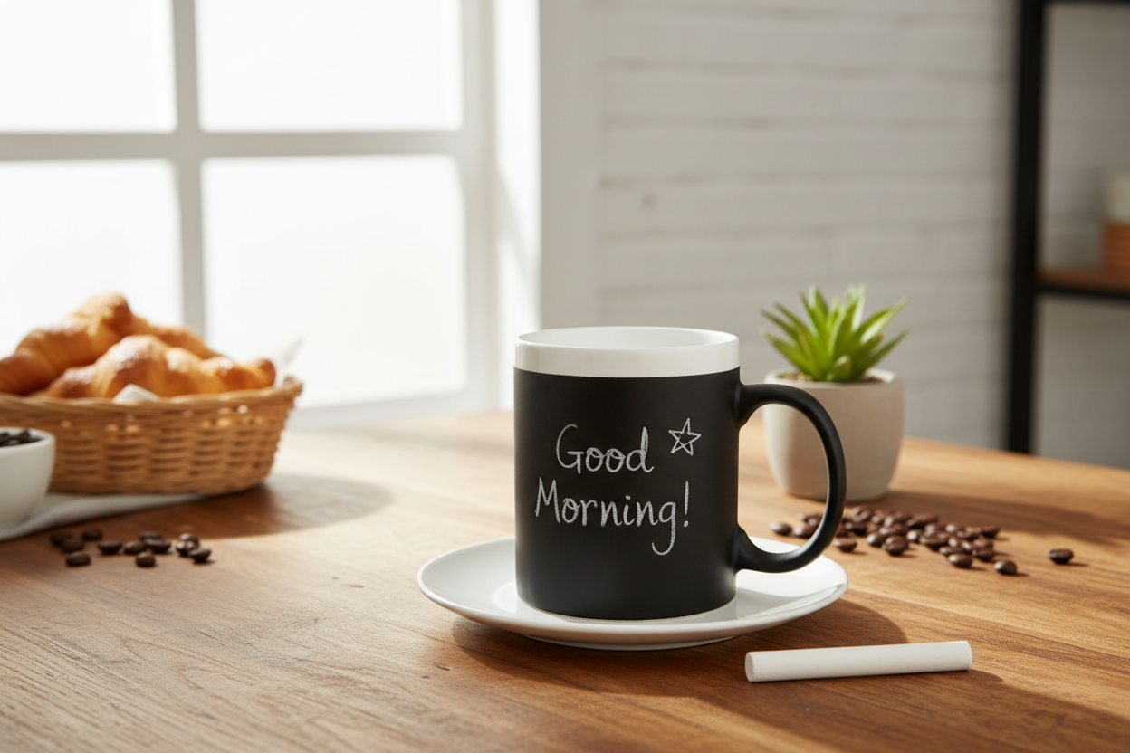 Tafel-Tasse mit Kreide im Lifestyle-Setting - Beschreibbare Kaffeetasse 330ml mit Motivationsspruch beim Frühstück, Kreide inklusive