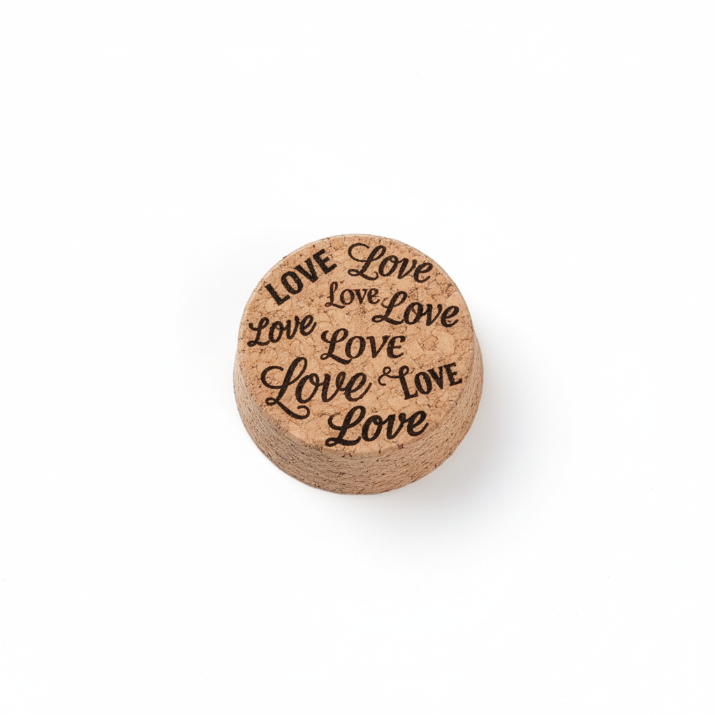 Korkdeckel mit Laser-Gravur LOVE fünfmal - personalisierte Geschenkidee in Schwarz