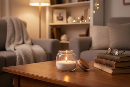 Glaskerze mit weißem Kerzensand in gemütlicher Wohnatmosphäre - Lifestyle-Foto mit Hygge-Ambiente
