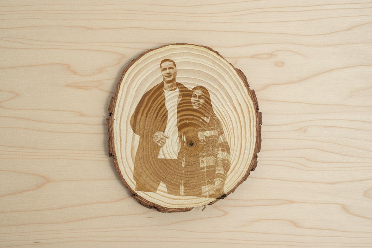 Personalisierte Baumscheibe mit individueller Fotogravur - Natürliche Holzscheibe mit Rinde
