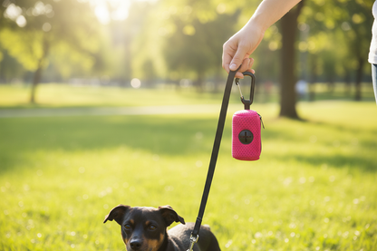 Frau beim Gassigehen mit Hund nutzt pinken Hundekotbeutel-Spender mit Karabiner an der Leine im Park