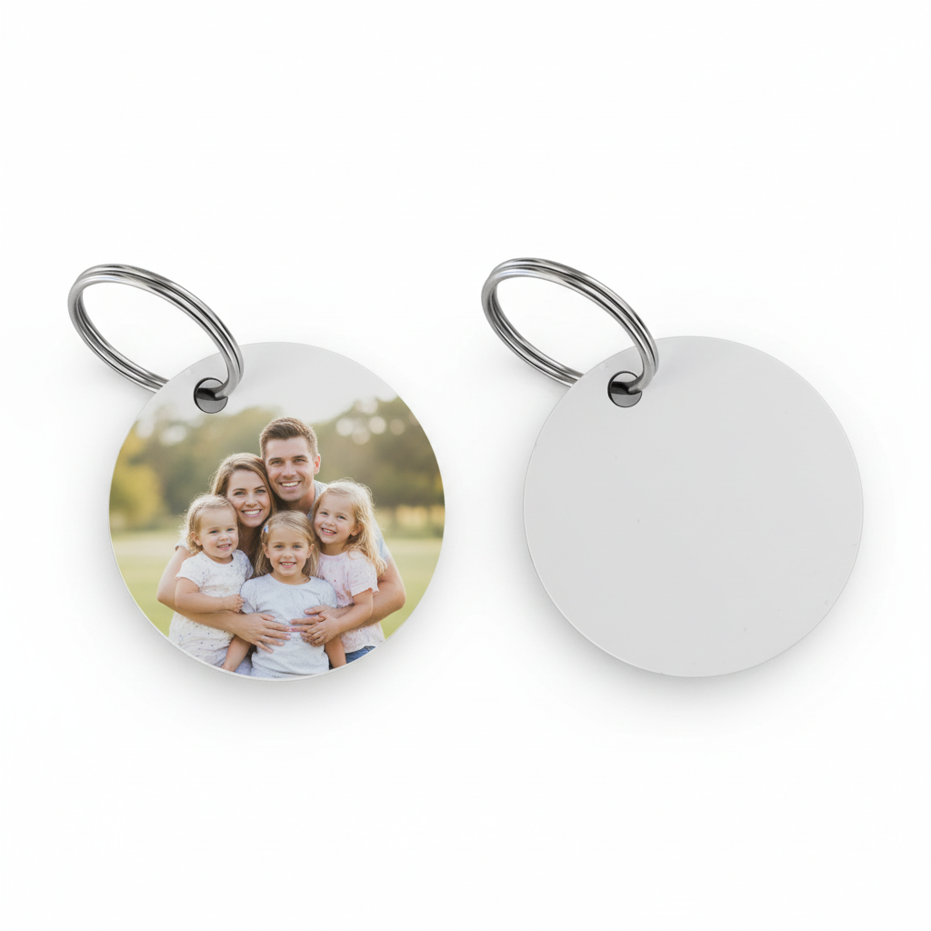 Weißer Schlüsselanhänger Rohling mit aufgedrucktem Familienfoto personalisiert Beispiel