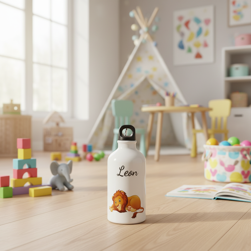Personalisierte Kinder-Trinkflasche mit Löwen-Motiv und Namen Leon - individuell bedruckbar