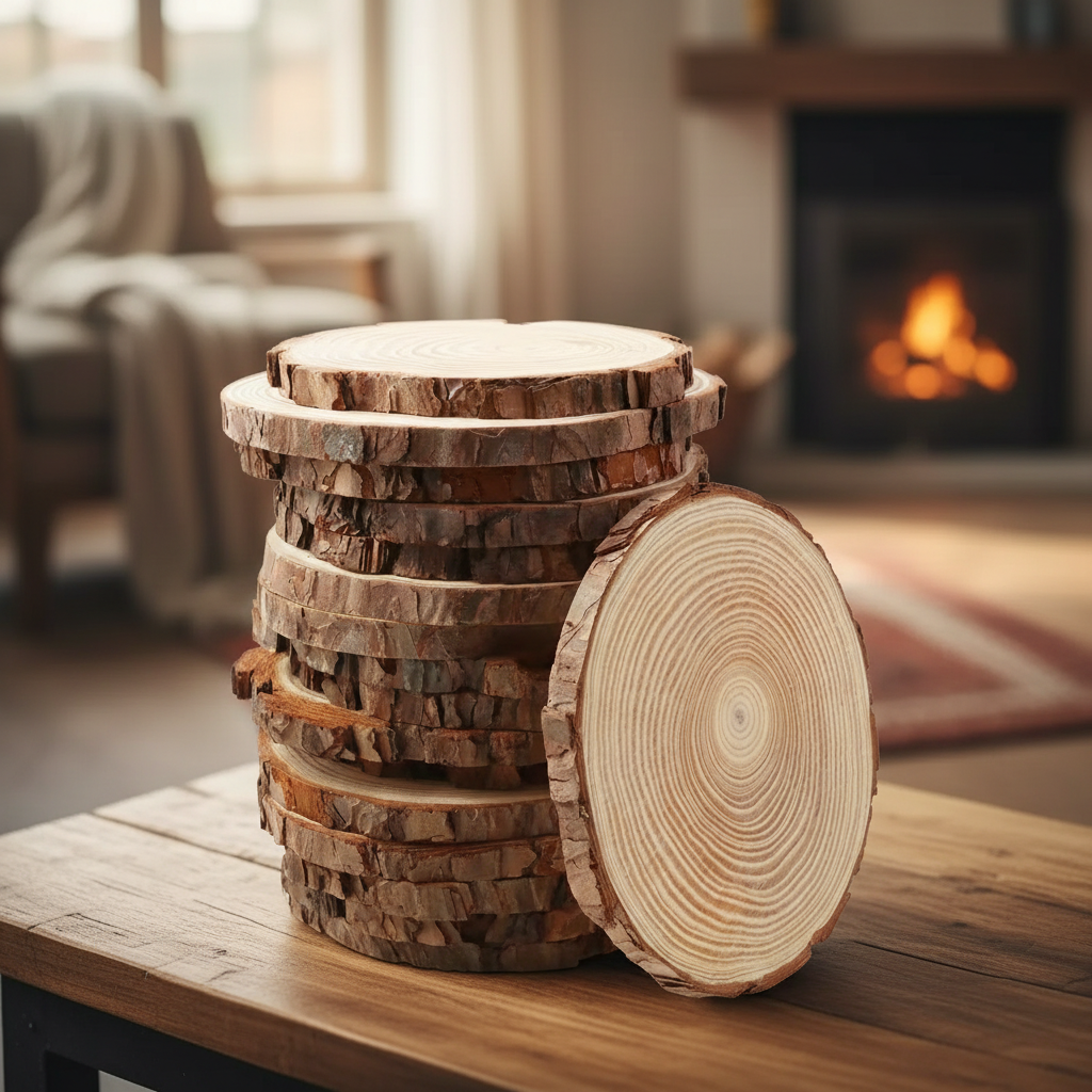 Natürliche Baumscheiben mit Gravur - Stapel zeigt Jahresringe und Holzmaserung