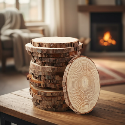 Natürliche Baumscheiben mit Gravur - Stapel zeigt Jahresringe und Holzmaserung