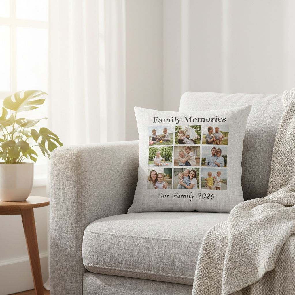 Personalisiertes Fotokissen mit Familien-Collage - Individuell bedrucktes Dekokissen mit mehreren Fotos