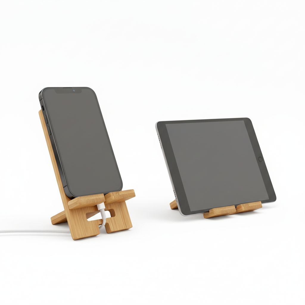 Höhenverstellbarer Bambus Smartphone Halter mit Tablet Holz Schreibtischständer personalisierbar