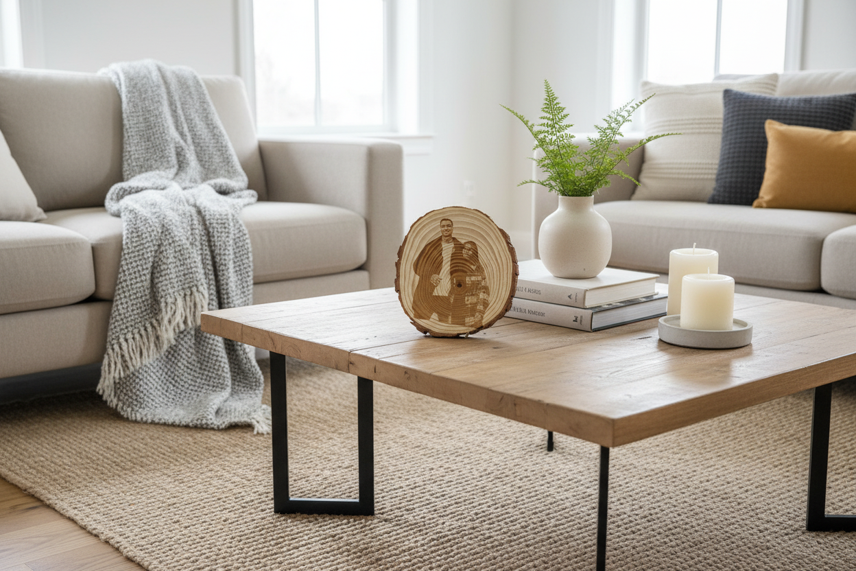 Gravierte Baumscheibe als Wohnzimmer-Deko - Lifestyle-Bild mit personalisierter Holzscheibe