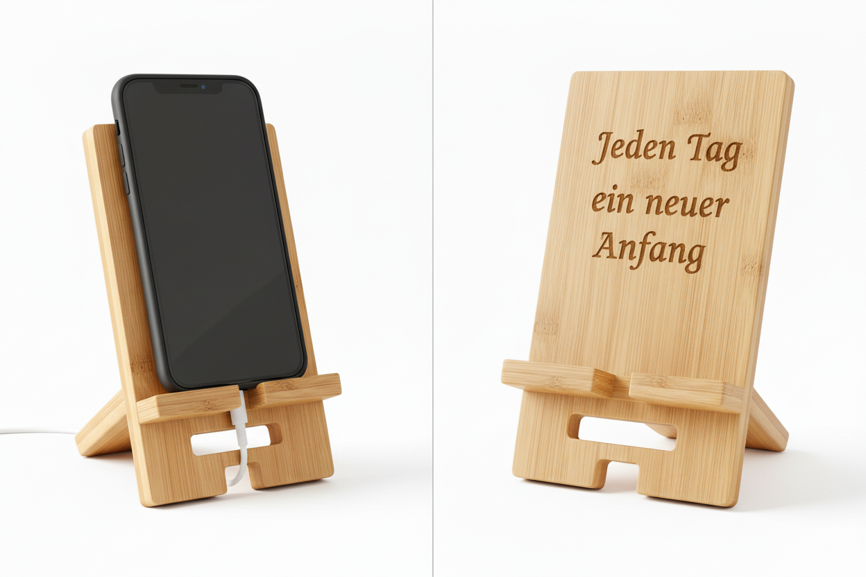 Bambus Smartphone-Halter mit Handy und Gravur - Zwei Ansichten