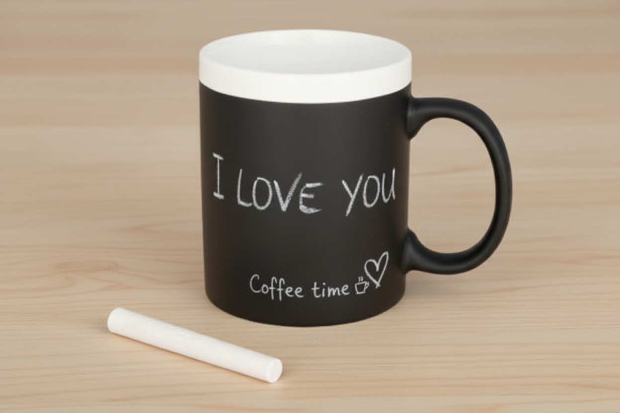 Personalisierbare Tafel-Tasse 330ml mit Kreide - Beschreibbare schwarze Kaffeetasse mit 'I love you' Nachricht und Notiz, inklusive weißer Kreide