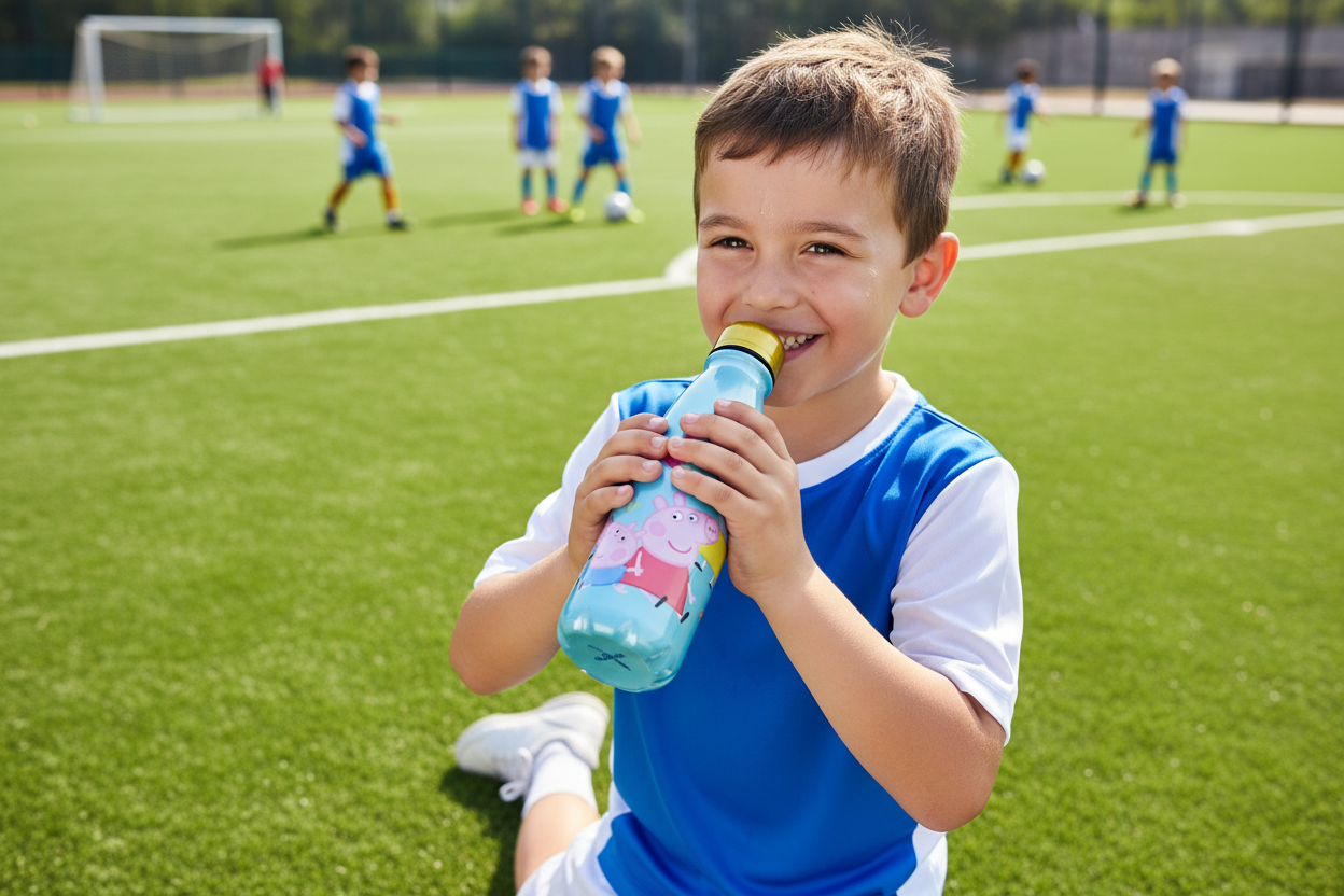Kind trinkt aus Peppa Pig Aluminium Trinkflasche 600ml beim Sport - extra großes Fassungsvermögen für aktive Kinder