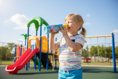 Kind mit Peppa Pig Trinkflasche auf dem Spielplatz