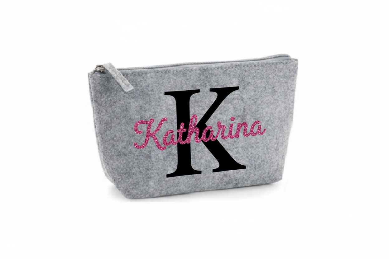 Kosmetiktasche grau mit K Katharina Glitzer