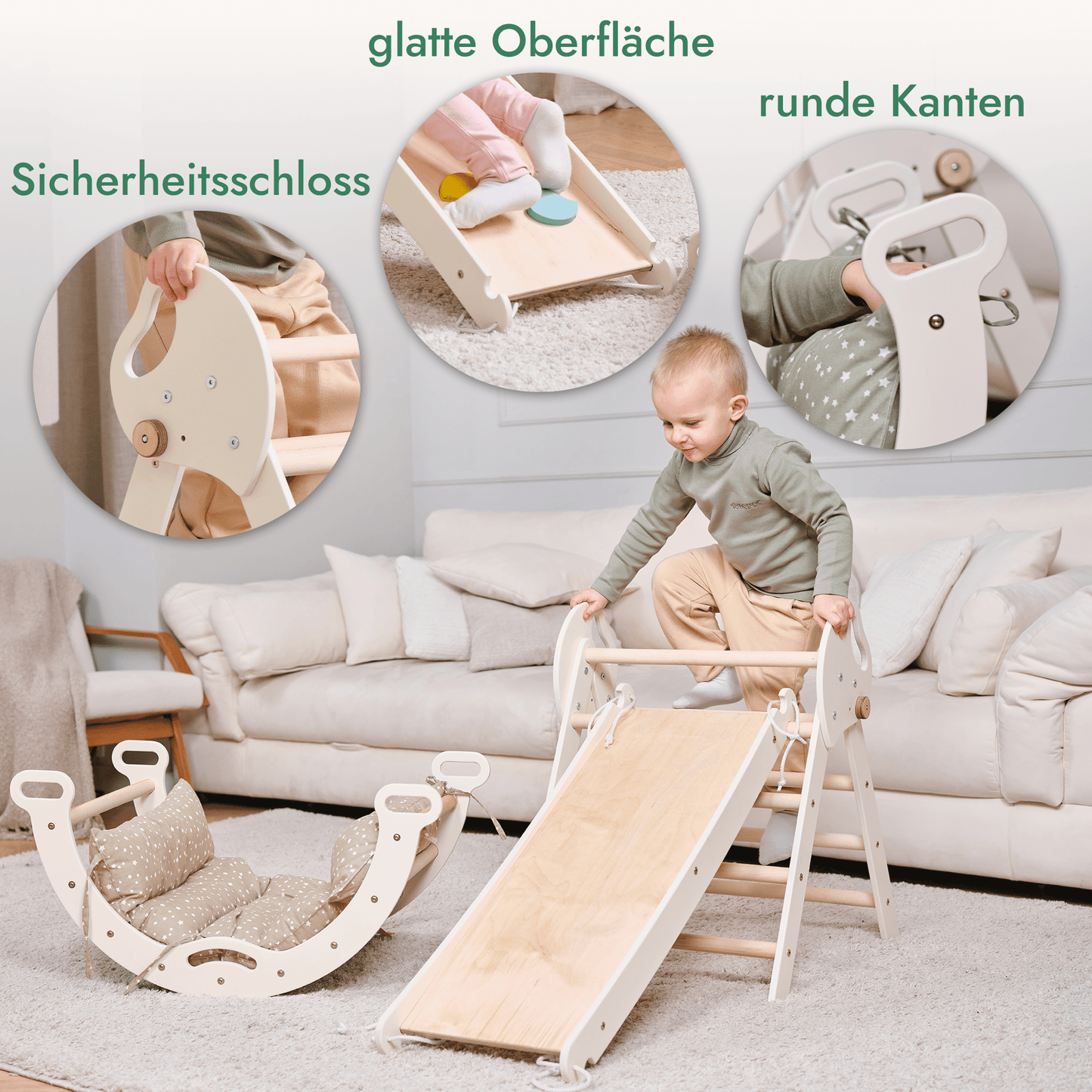 Montessori 4in1 Kletterdreieck für Babys: Pikler-Dreieck, Kletterbogen, Rutschbrett und Kissen für Kleinkinder (1–3 Jahre)