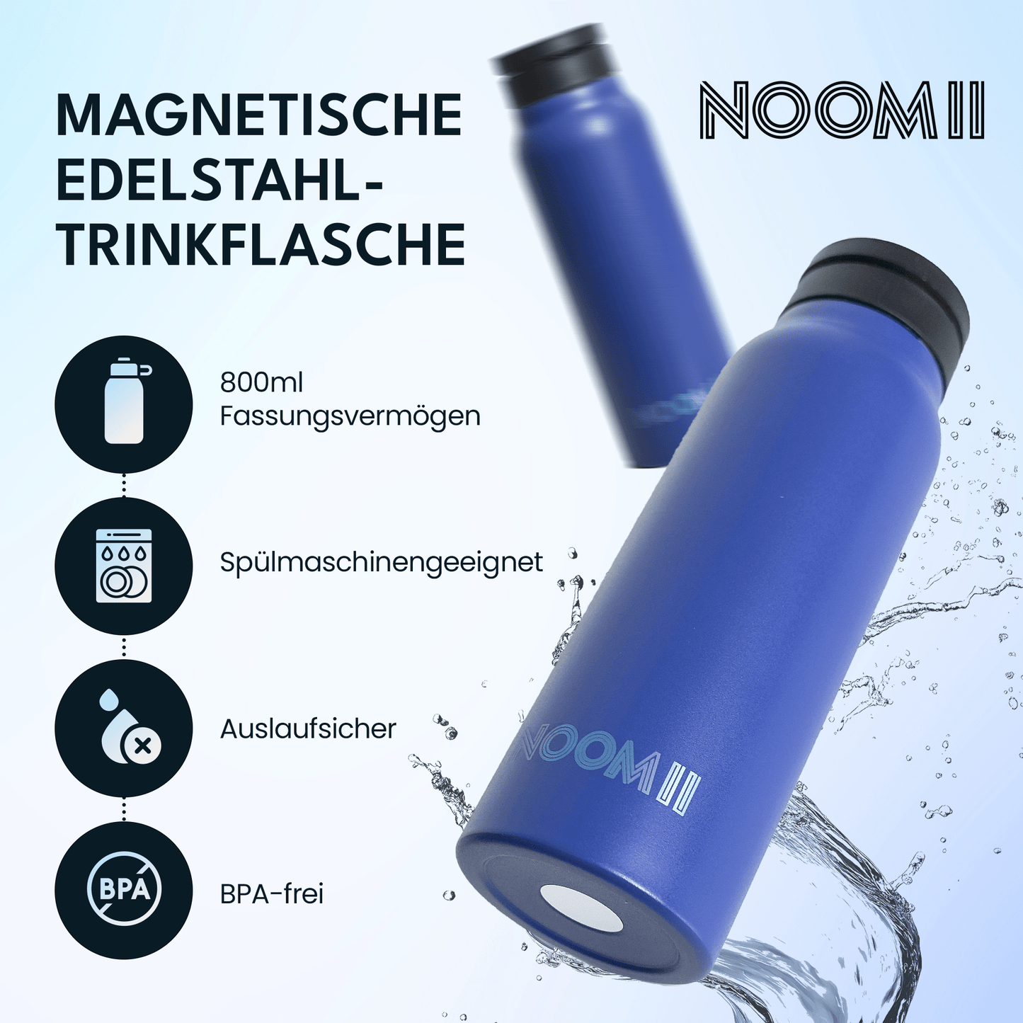  Edelstahl Trinkflasche 800ml blau– auslaufsicher für Büro und Sport

