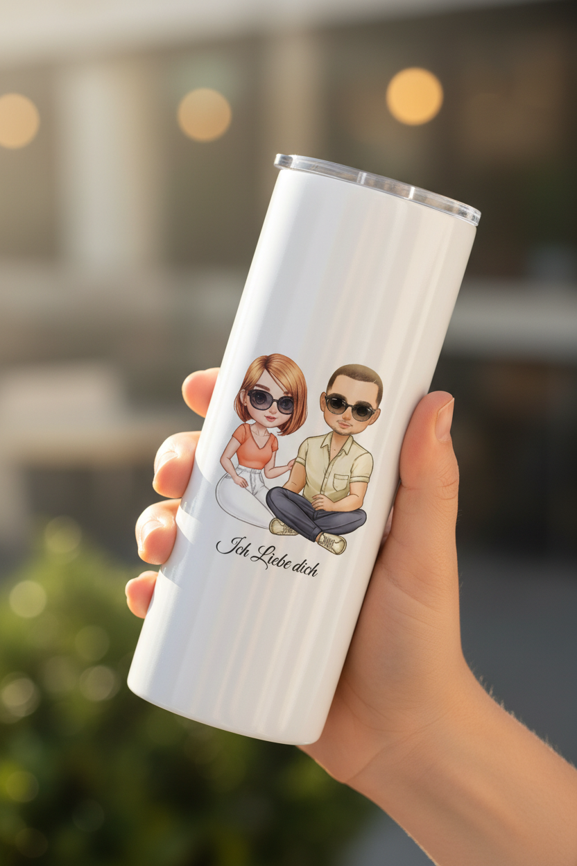 Personalisierte Flasche mit Pärchen-Motiv und Ich Liebe dich Text in der Hand